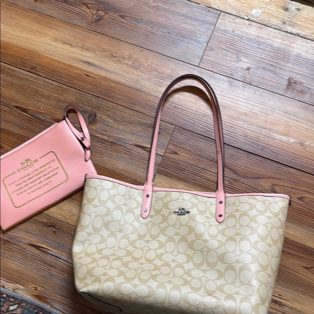 Coach Cream and Pink Tote Bag with Leather Handles